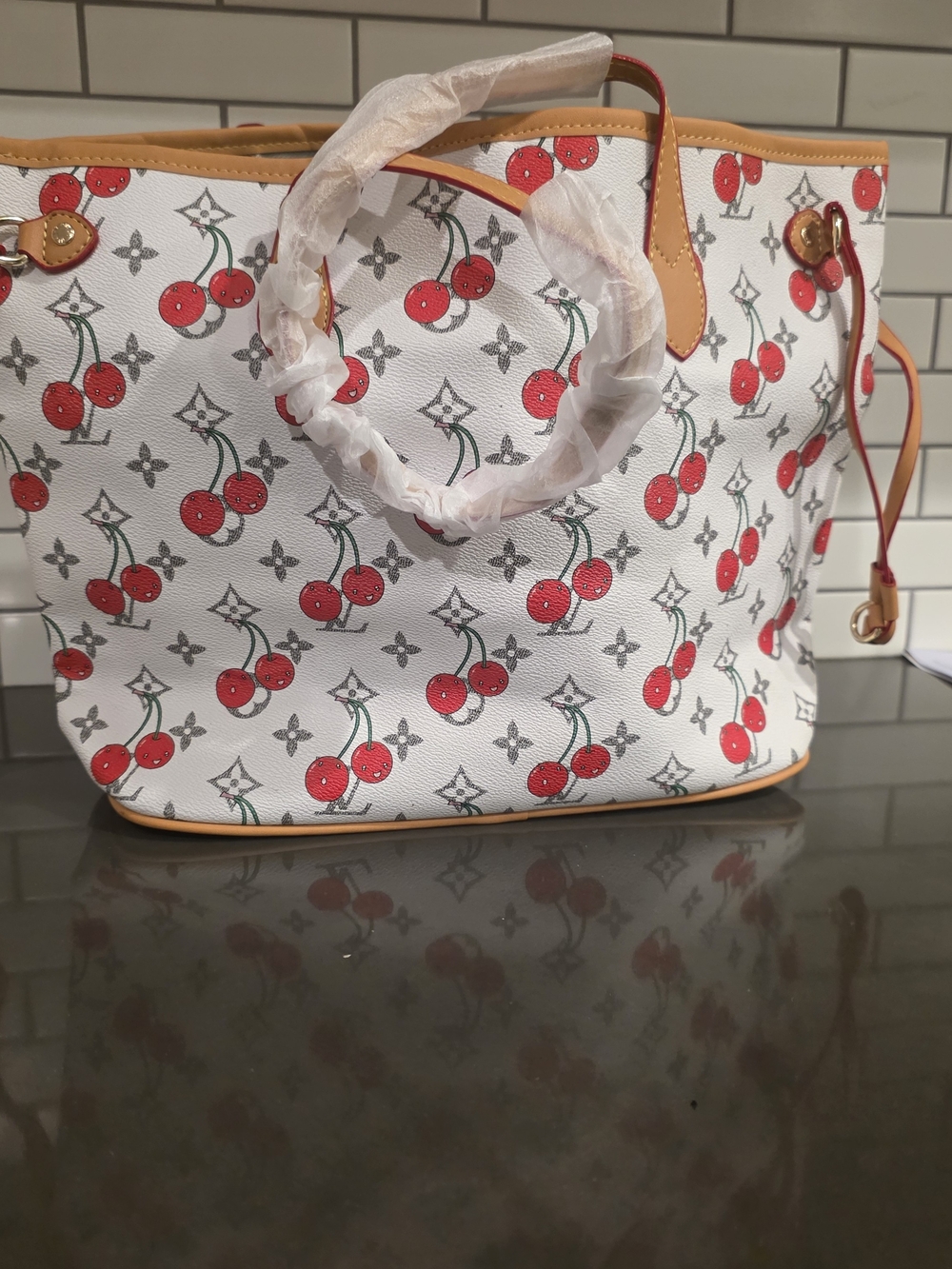 White Cherry Print Tote Bag with Tan Trim - Picture 1 of 2